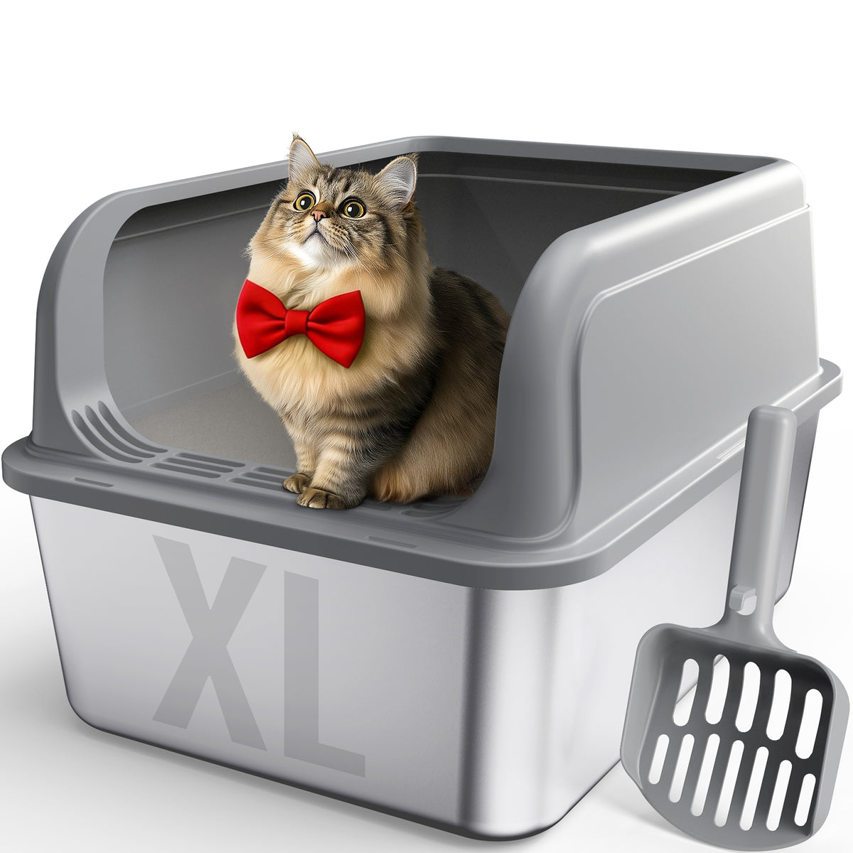 Powools Cat Litter Box, Stainless Steel High-Sided, 23.8 x 15.9 Inches, 6-Inch Deep Pan, with Litter Scoop, Gray
