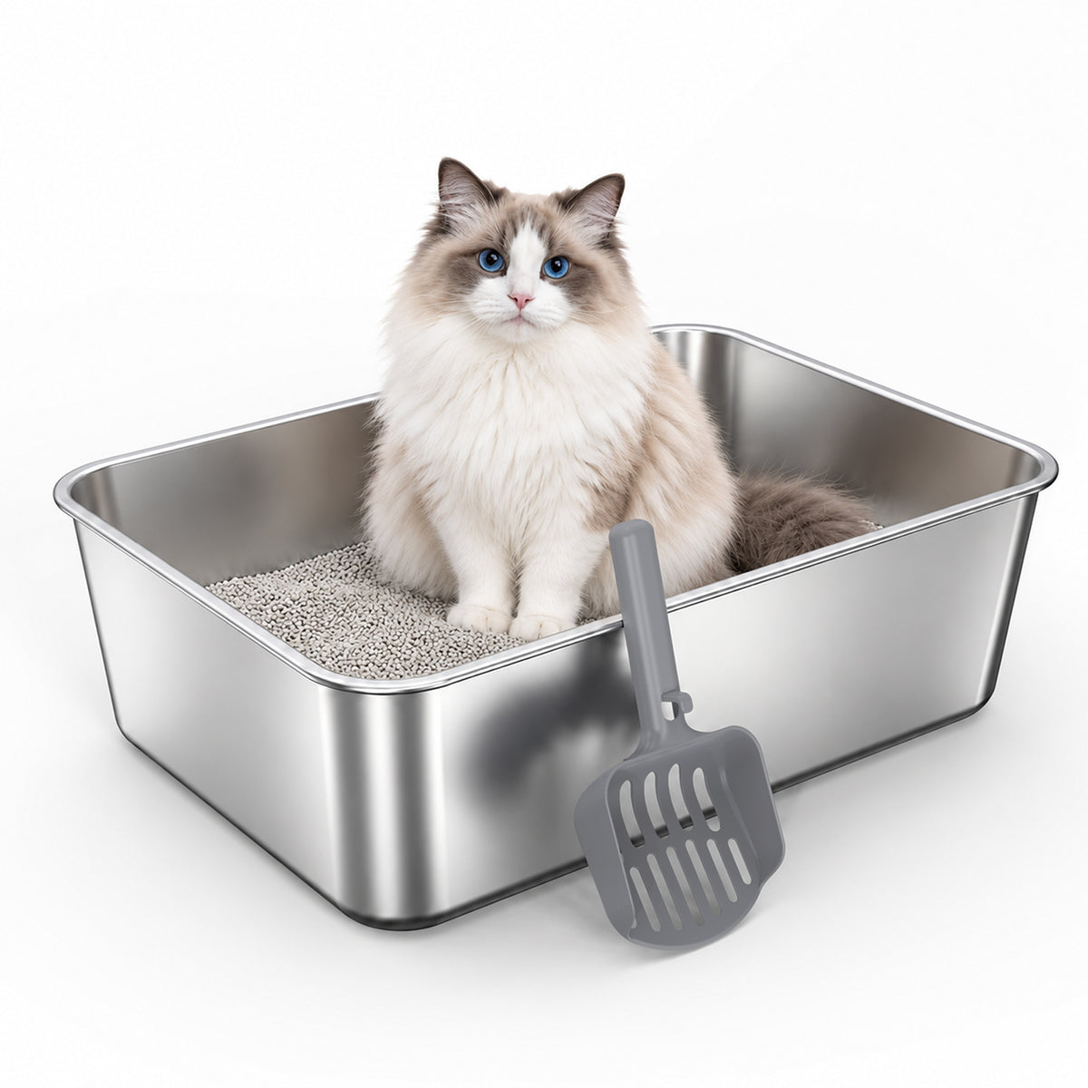 Powools Stainless Steel Cat Litter Box, Metal Litter Box with High Sides, Odor Control, Easy to Clean, 23.6" x 15.7" x 5.9"
