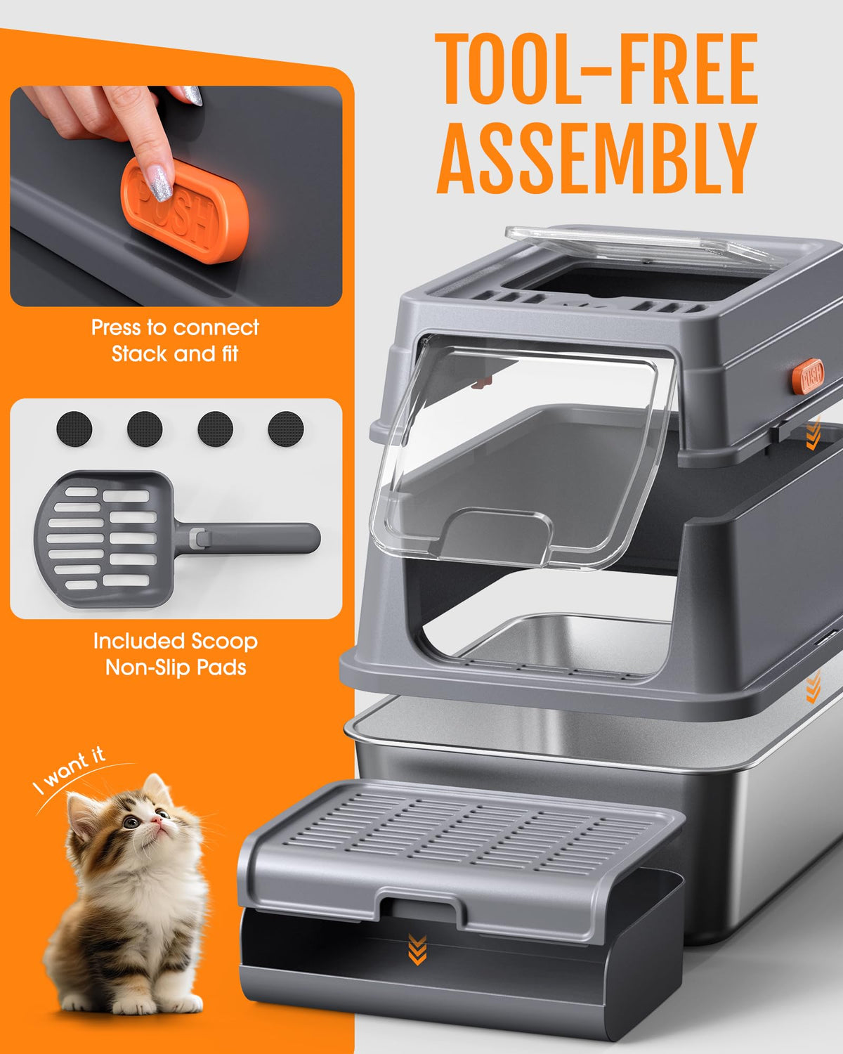 Powools Stainless Steel Enclosed Cat Litter Box, 17.1x13.2x15 in