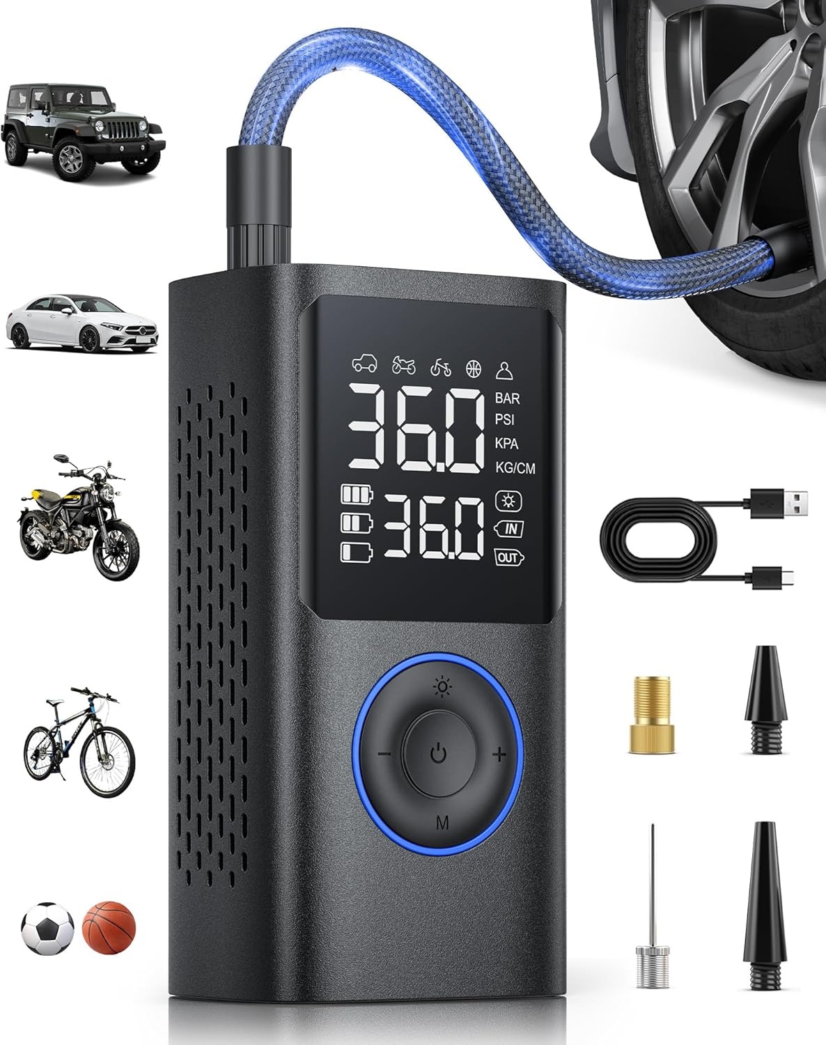 Powools Tire Inflator Portable Air Compressor, 150 PSI Cordless Bike Pump, Air Pump for Auto, Motorcycle, Bicycle, Balls with Pressure Gauge, LED Light & Car Accessories, Black, Standard Capacity