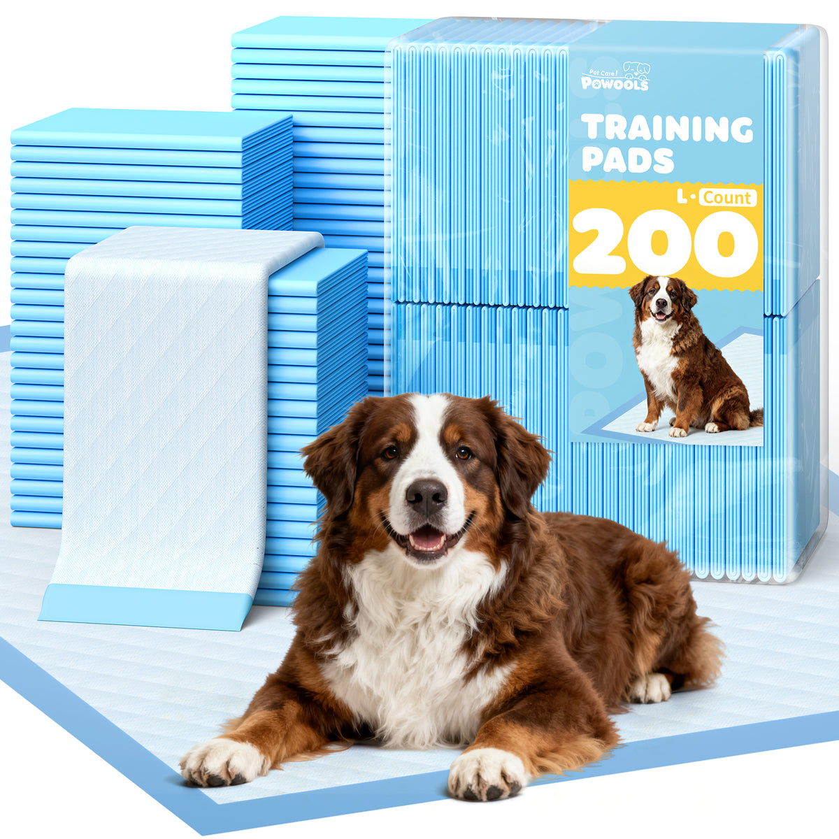 Powools Puppy Pads, 22" x 22" Large 6-Layer 200 Count Dog Wee Wee Pads with Powerful Absorbency