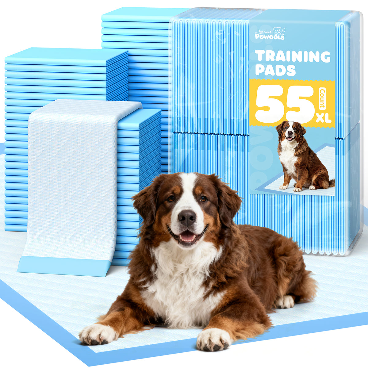 Powools Puppy Pads, 33.5" x 27.5" X-Large 6-Layer 55 Count Dog Wee Wee Pads with Powerful Absorbency