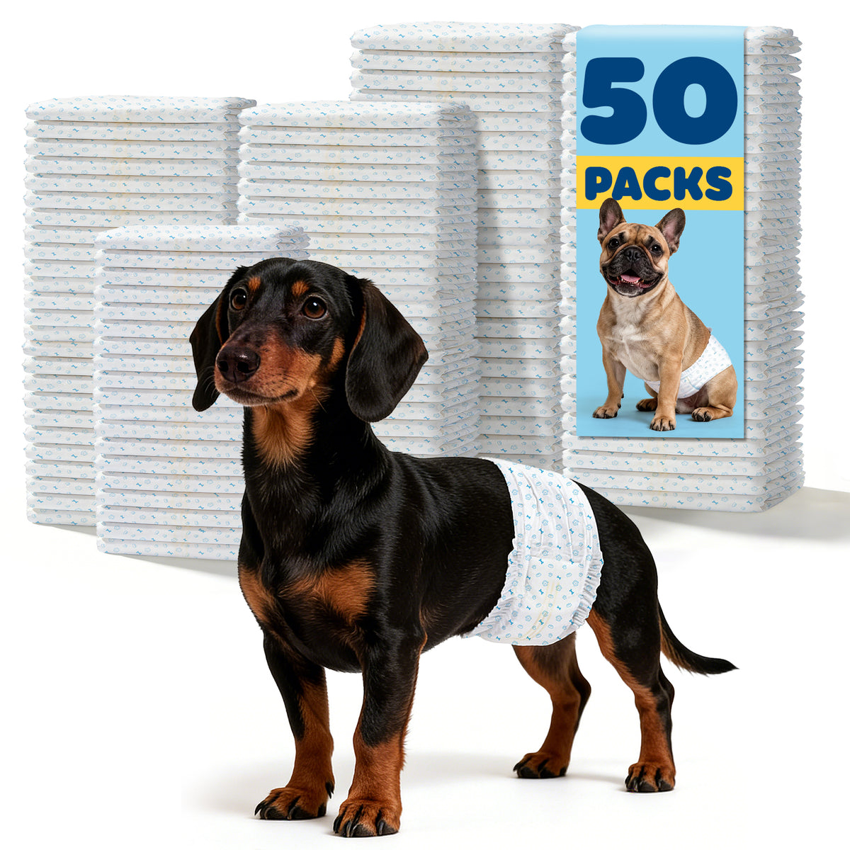 Powools Male Dog Wraps - Disposable Dog Diapers with Multi-Layer Absorption, Puppy Diapers with Wetness Indicator, Breathable & Leakproof, 50 Count, S