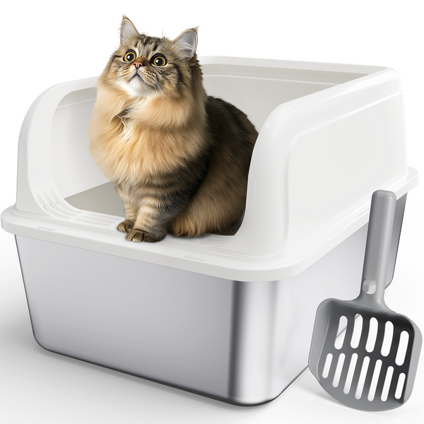 Powools Stainless Steel Cat Litter Box, Metal Kitty Litter Box with Scoop, Anti-Leakage Top Entry, Non-Sticky, Easy to Clean, White, 13.5 × 17.5 × 10.9 ”