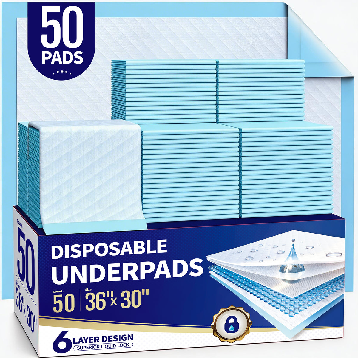 Powools Bed Pads, 6-Layer Pee Pads for Adults, Leakproof Disposable Chuck Pads for Baby, Incontinence, Puppy, 50 Count, 36" x 30"