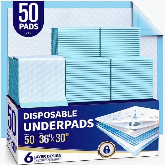 Powools Bed Pads, 6-Layer Pee Pads for Adults, Leakproof Disposable Chuck Pads for Baby, Incontinence, Puppy, 50 Count, 36" x 30"