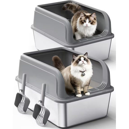 Powools Cat Litter Box, Stainless Steel High-Sided, 23.8 x 15.9 Inches, 6-Inch Deep Pan, with Litter Scoop, Gray, 2 packs