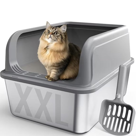 Powools Cat Litter Box, Stainless Steel High-Sided, 23.8 x 15.9 Inches, 8-Inch Deep Pan, with Litter Scoop, Gray