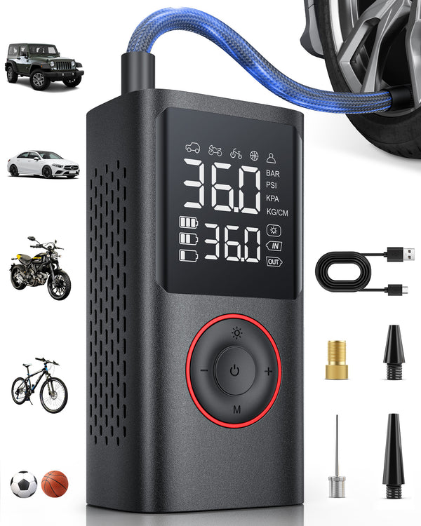 Powools Kabelloser Elektrische Luftpumpe, 150PSI Akku Kompressor Fahrradpumpe mit LED-Licht & Auto-Stopp, Wiederaufladbare Reifenpumpe für E-Bike, Auto, Motorrad, Bälle, Schwarz, 8.90x4.75x13.70cm