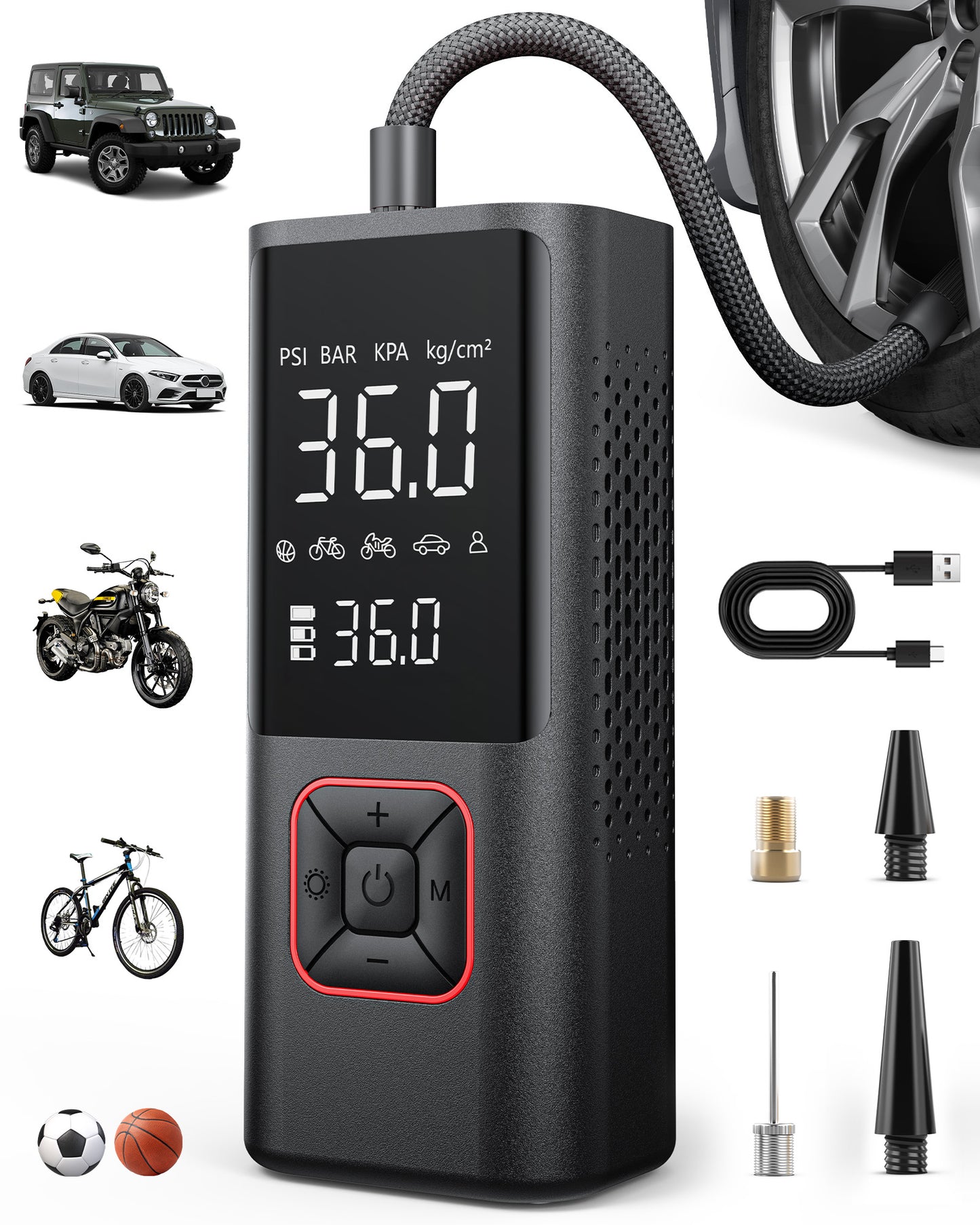 Powools Cordless Tire Inflator 150PSI Portable Air Compressor with Auto Shutoff, Air Pump for Car Tires, Motorcycle, Bike, Balls, Inflatables, LED Light, Red, Large Capacity