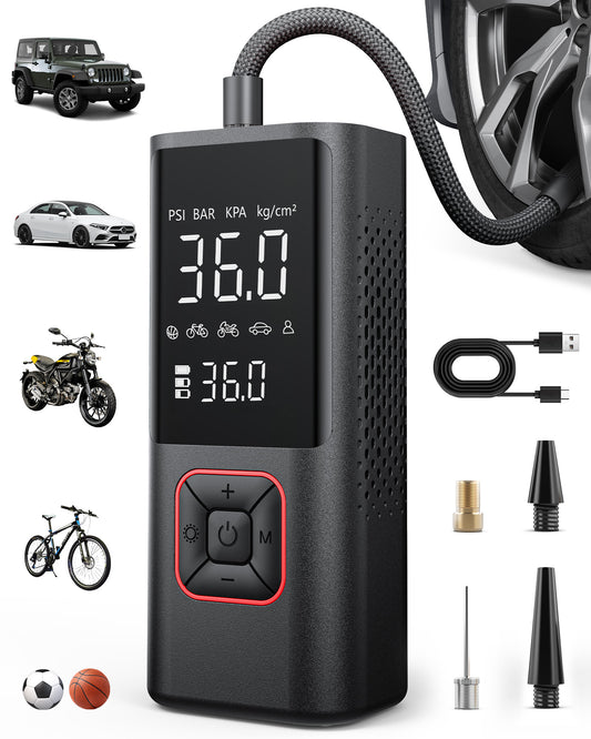 Powools Cordless Tire Inflator 150PSI Portable Air Compressor with Auto Shutoff, Air Pump for Car Tires, Motorcycle, Bike, Balls, Inflatables, LED Light, Red, Large Capacity