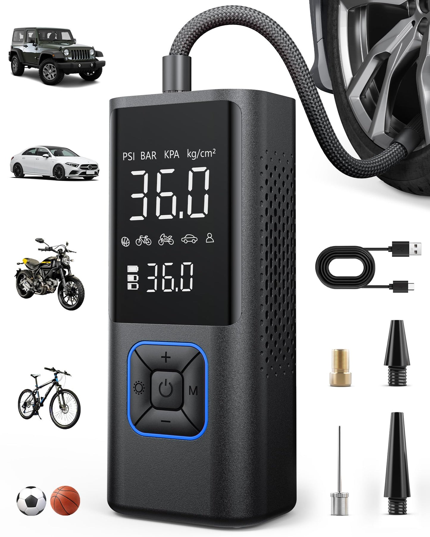 Powools Cordless Tire Inflator 150PSI Portable Air Compressor with Auto Shutoff, Air Pump for Car Tires, Motorcycle, Bike, Balls, Inflatables, LED Light, Red, Large Capacity