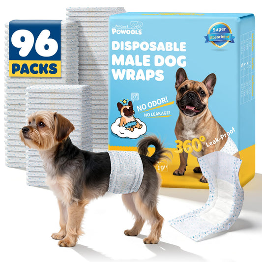 Powools Male Dog Wraps - 96 Count Disposable Dog Diapers Small Size with Wetness Indicator, Leakproof & Comfortable, Highly Absorbent Belly Bands for Training, Incontinence, Travel, Small