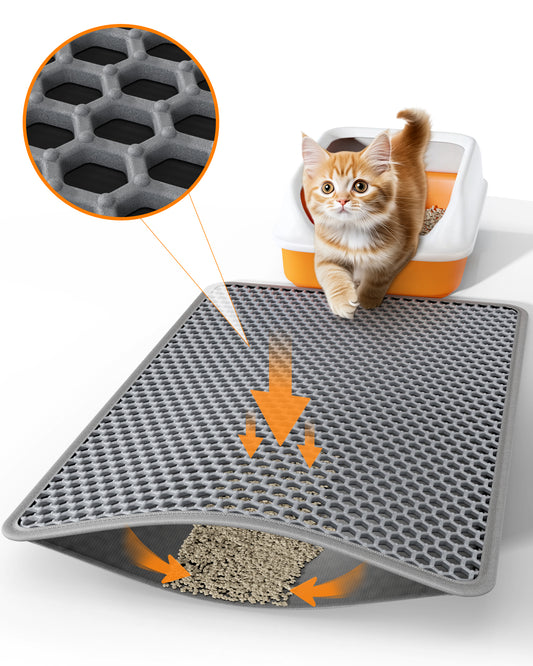 Powools Cat Litter Mat - 27.0" x 19.0" Medium Litter Box Mat with Double Layers, Urine-Proof and Non-Slip Litter Trapping Mat, Easy to Clean Kitty Litter Mats for Floor, Scatter Control, Grey