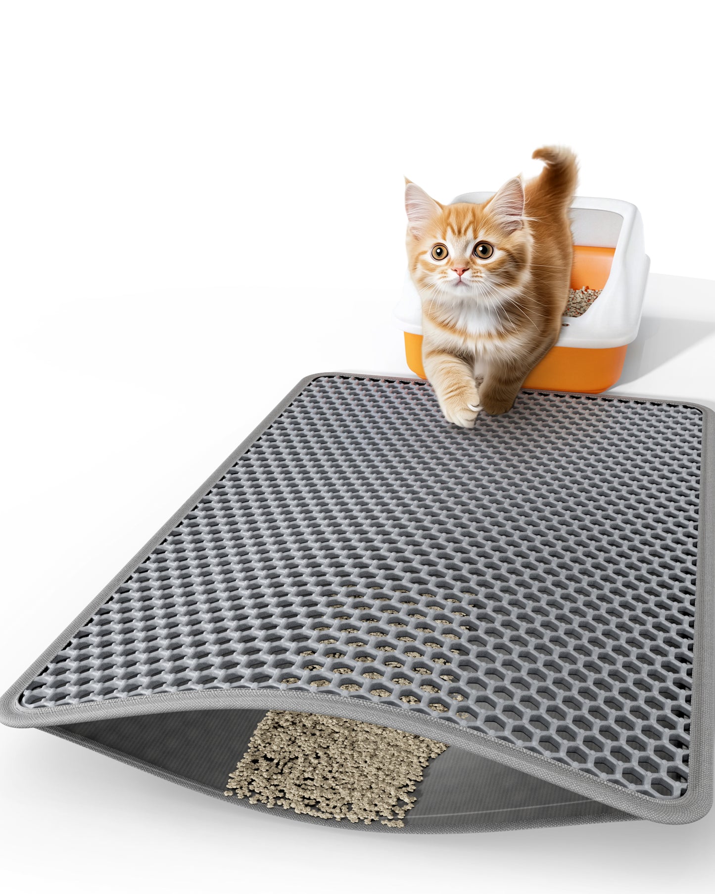 Powools Cat Litter Mat - 27.0" x 19.0" Medium Litter Box Mat with Double Layers, Urine-Proof and Non-Slip Litter Trapping Mat, Easy to Clean Kitty Litter Mats for Floor, Scatter Control, Grey