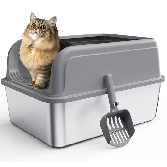 Powools Cat Litter Box, Stainless Steel High-Sided, 17.7 x 13.7 Inches, 6-Inch Deep Pan, with Litter Scoop, Gray