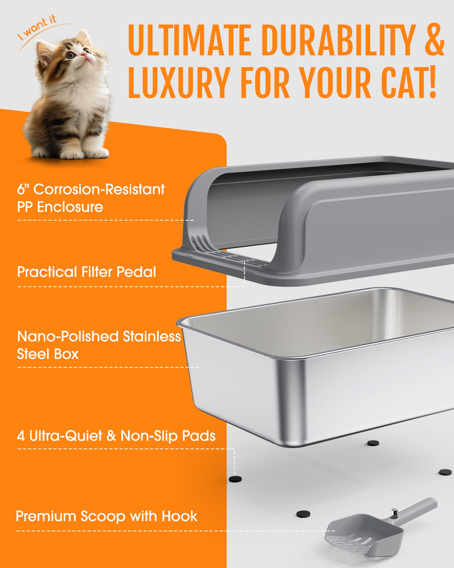 Powools Cat Litter Box, Stainless Steel High-Sided, 17.7 x 13.7 Inches, 6-Inch Deep Pan, with Litter Scoop, Gray