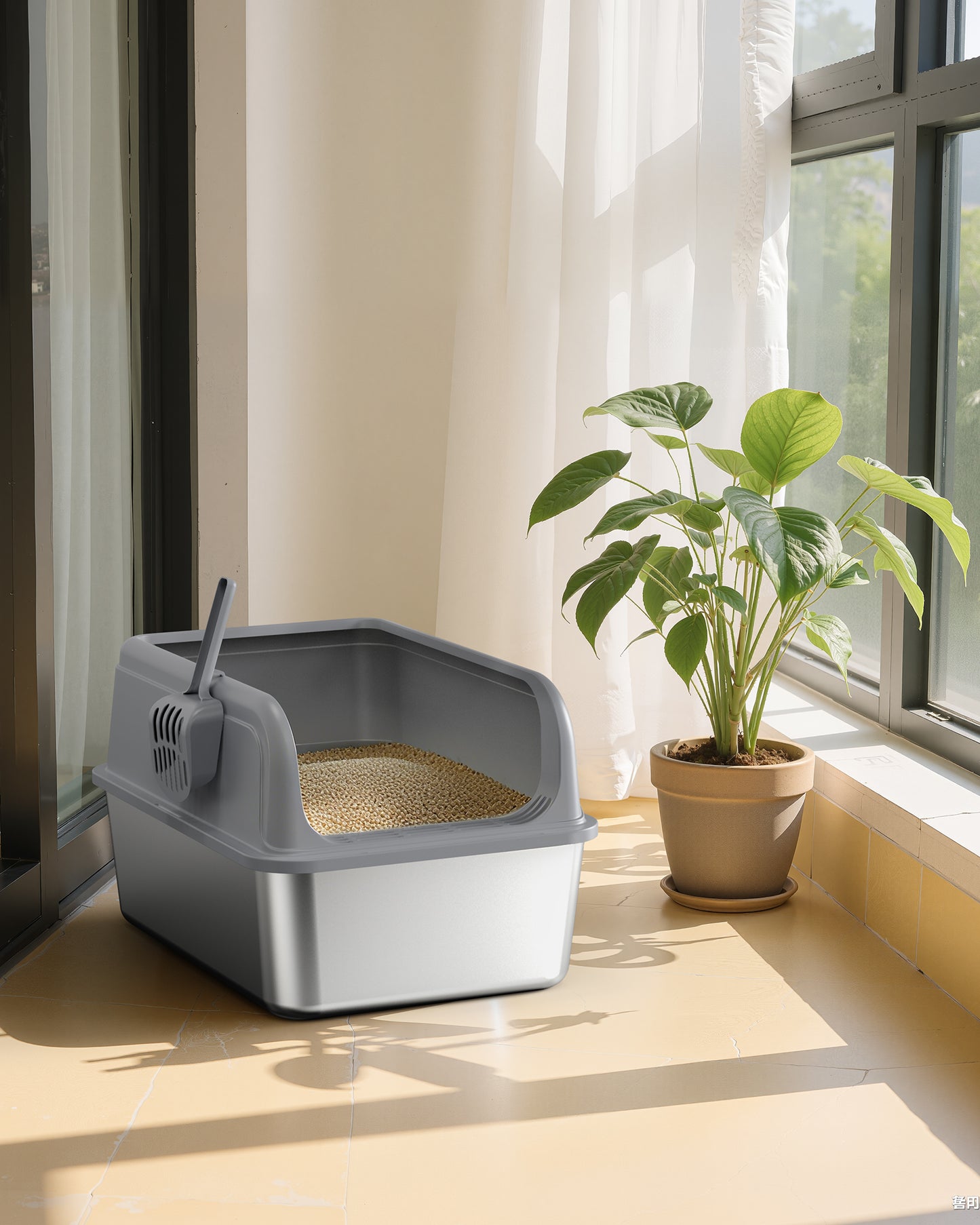 Powools Cat Litter Box, Stainless Steel High-Sided, 17.7 x 13.7 Inches, 6-Inch Deep Pan, with Litter Scoop, Gray