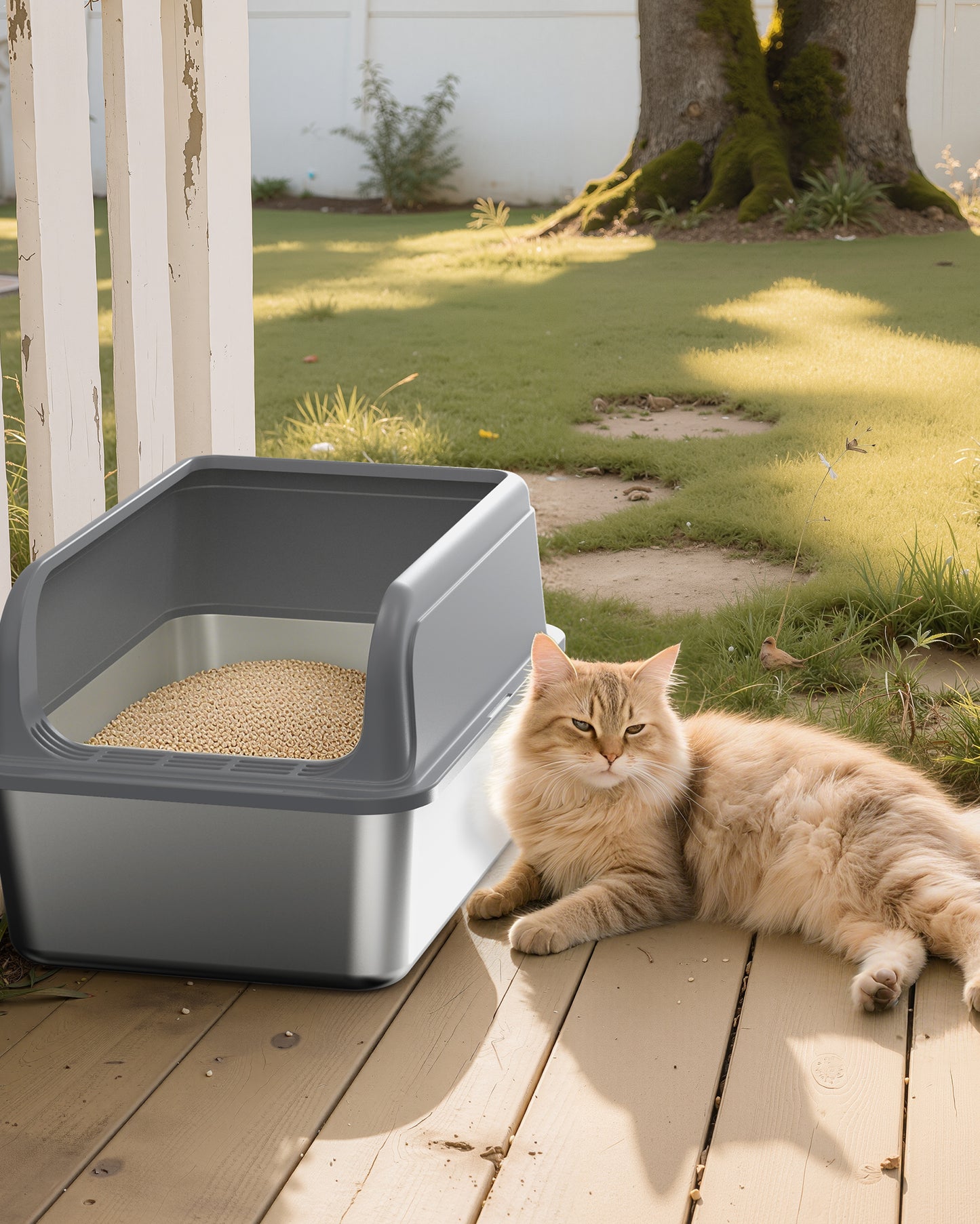 Powools Cat Litter Box, Stainless Steel High-Sided, 17.7 x 13.7 Inches, 6-Inch Deep Pan, with Litter Scoop, Gray
