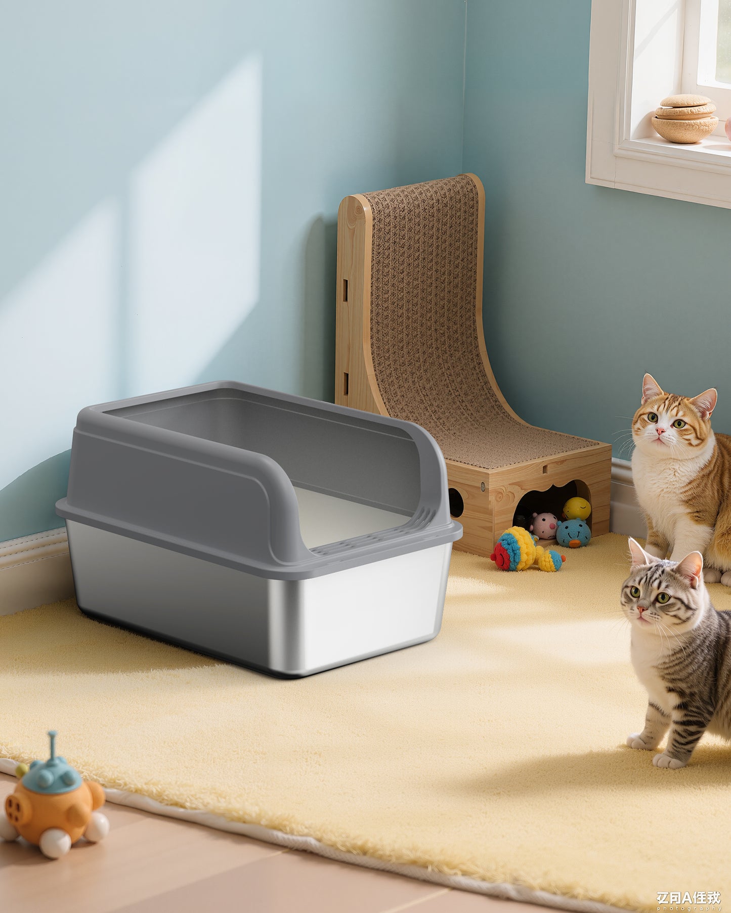 Powools Cat Litter Box, Stainless Steel High-Sided, 17.7 x 13.7 Inches, 6-Inch Deep Pan, with Litter Scoop, Gray