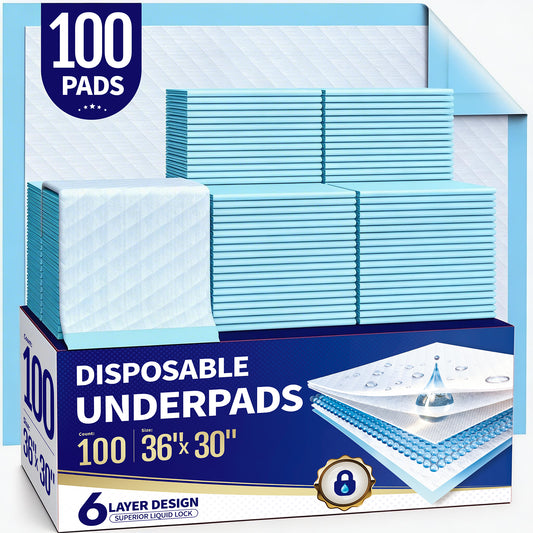 Powools Bed Pads Disposable Adult, 6-Layer Pee Pads for Adults, Leakproof Disposable Changing Pads for Baby, Incontinence, Puppy, 100 Count, 36" x 30"
