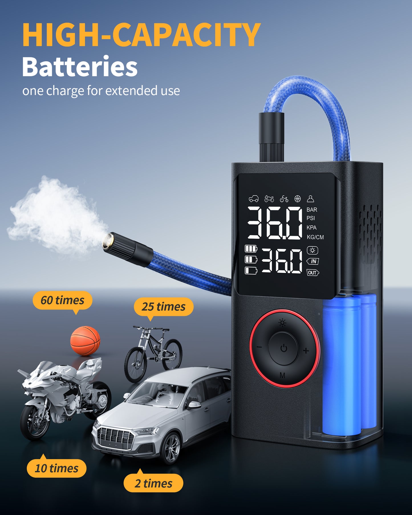 Powools Tire Inflator Portable Air Compressor, 150 PSI Cordless Bike Pump, Air Pump for Auto, Motorcycle, Bicycle, Balls with Pressure Gauge, LED Light & Car Accessories, Black, Standard Capacity