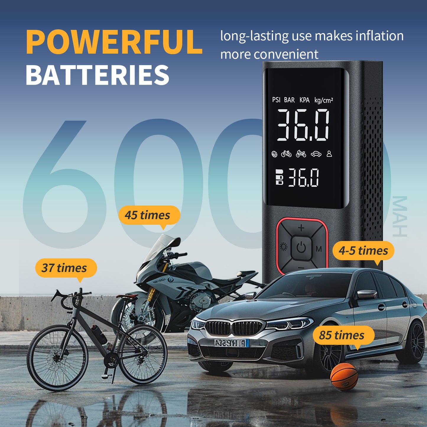 Powools Cordless Tire Inflator 150PSI Portable Air Compressor with Auto Shutoff, Air Pump for Car Tires, Motorcycle, Bike, Balls, Inflatables, LED Light, Red, Large Capacity