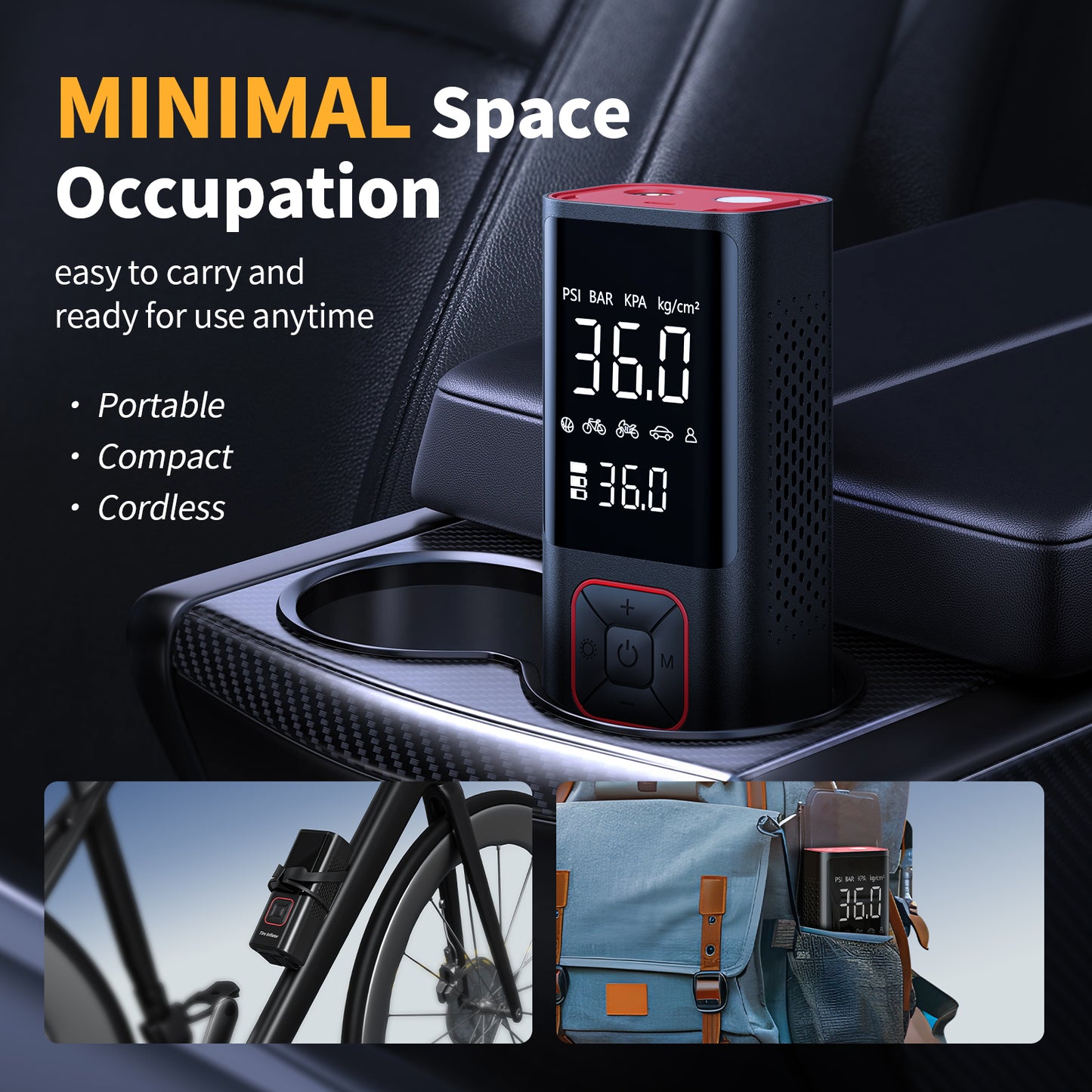 Powools Cordless Tire Inflator 150PSI Portable Air Compressor with Auto Shutoff, Air Pump for Car Tires, Motorcycle, Bike, Balls, Inflatables, LED Light, Red, Large Capacity
