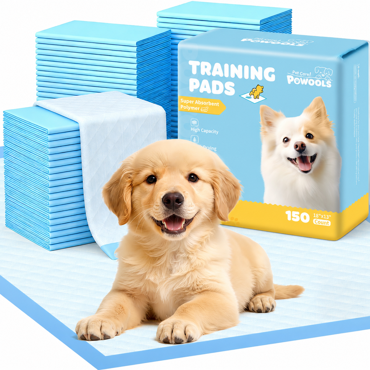 Powools Puppy Pads, , 36"×30", 60 Count, Large Dog Pee Pads for Training, Super Absorbent Disposable Potty Pads, Leak Proof, Quick Dry, Odor Control, Indoor Use