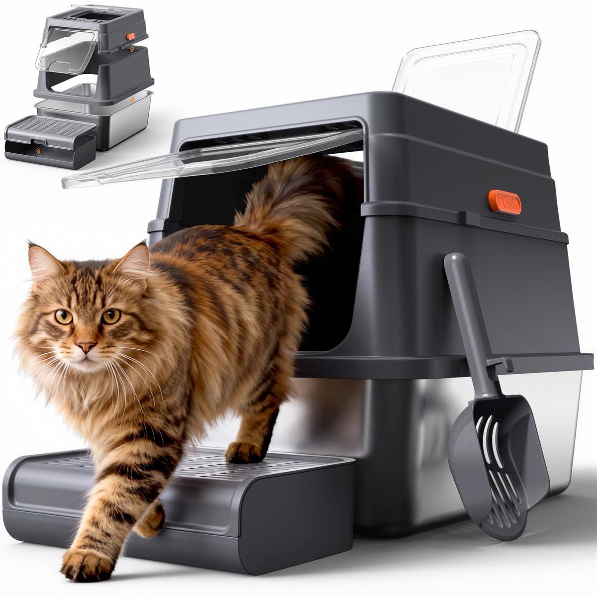 Powools Stainless Steel Enclosed Cat Litter Box, 17.1x13.2x15 in