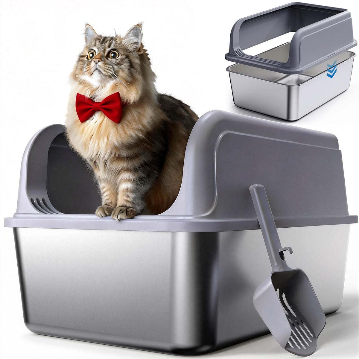 Powools Cat Litter Box, Stainless Steel High-Sided, 17.7 x 13.7 Inches, 6-Inch Deep Pan, with Litter Scoop, Gray (Copy)