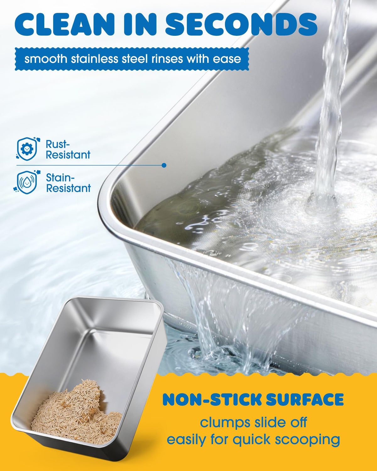 Powools Cat Litter Box, Stainless Steel High-Sided, 17.7 x 13.7 Inches, 6-Inch Deep Pan, with Litter Scoop, Gray (Copy)