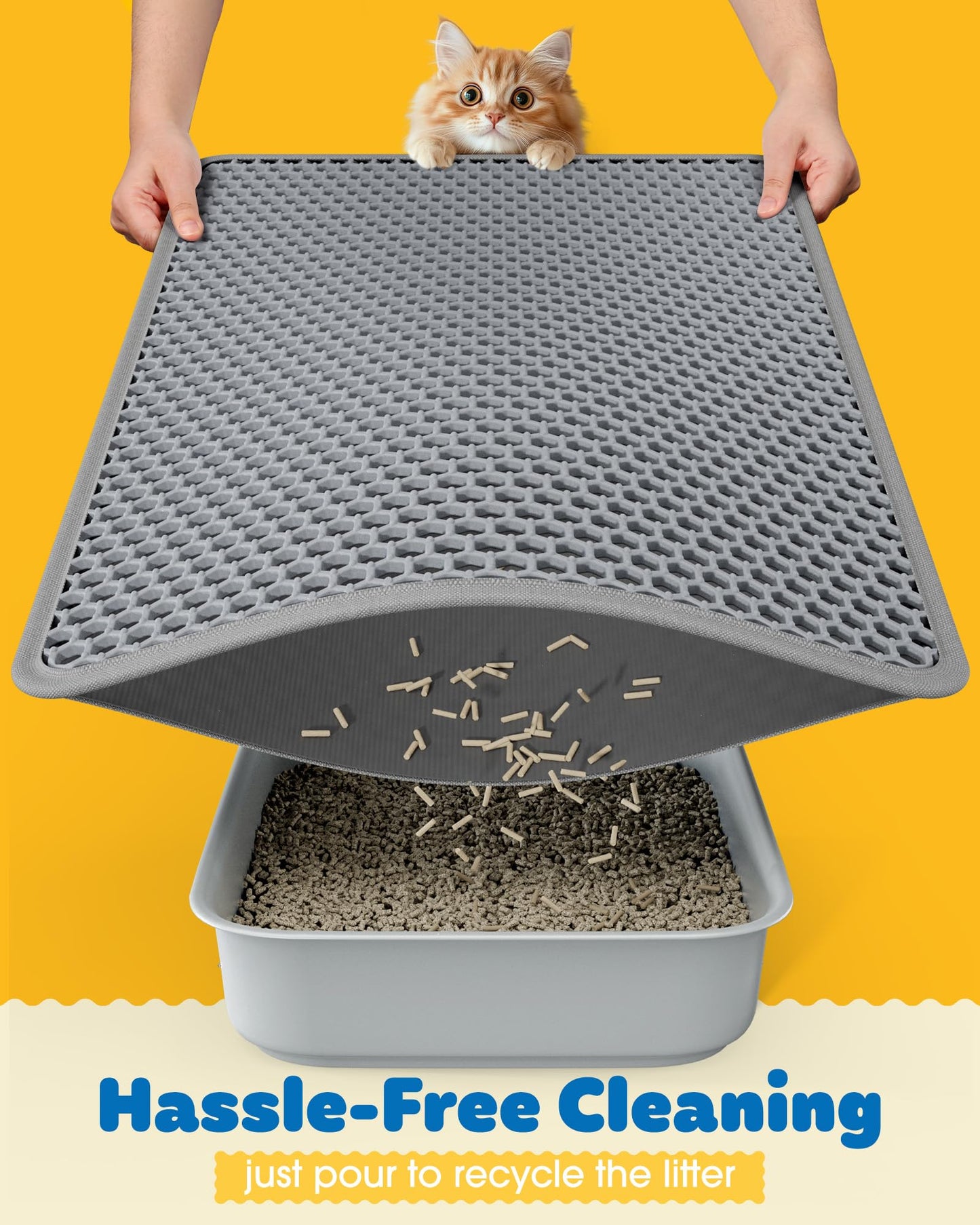 Powools 27" x 19" Cat Litter Mat - Ultra-Large Litter Box Mat with Double Layers, Urine-Proof and Non-Slip Litter Trapping Mat, Easy to Clean Kitty Litter Mats for Floor, Scatter Control, Grey