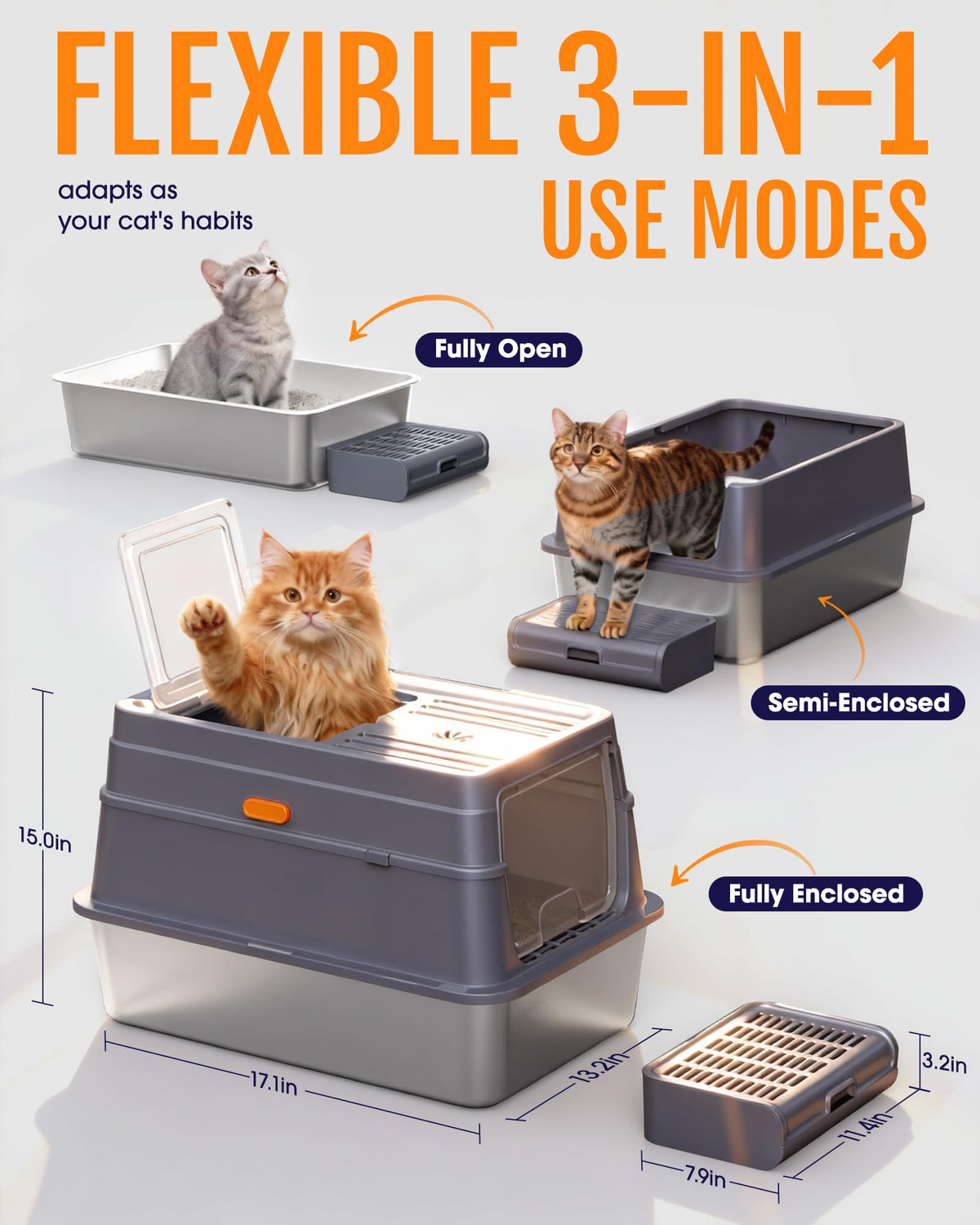 Powools Stainless Steel Enclosed Cat Litter Box, 17.1x13.2x15 in